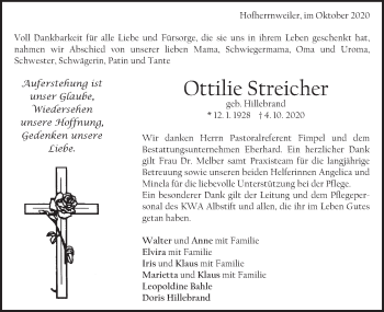 Traueranzeige von Ottilie Streicher von Schwäbische Post
