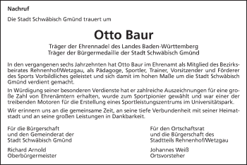 Traueranzeige von Otto Baur von Gmünder Tagespost
