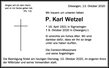 Traueranzeige von P. Karl Wetzel von Schwäbische Post