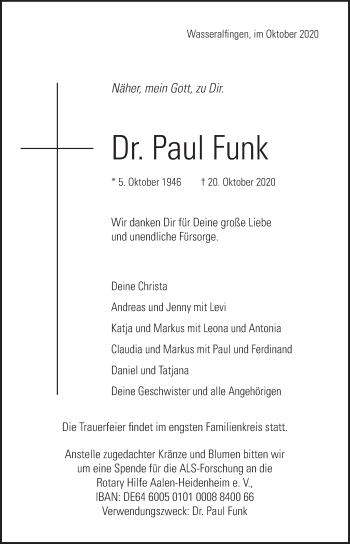 Traueranzeige von Paul Funk von Schwäbische Post