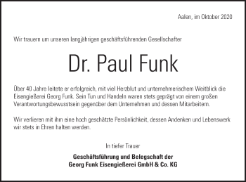 Traueranzeige von Paul Funk von Schwäbische Post