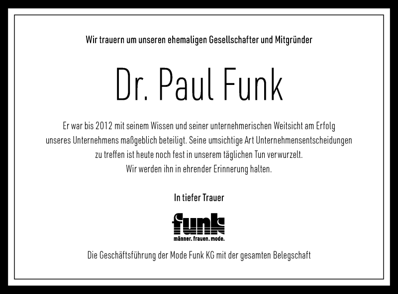  Traueranzeige für Paul Funk vom 23.10.2020 aus Schwäbische Post