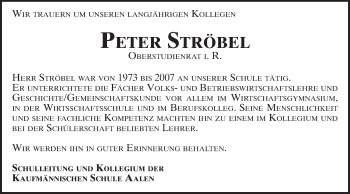 Traueranzeige von Peter Ströbel von Schwäbische Post