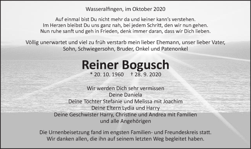  Traueranzeige für Reiner Bogusch vom 13.10.2020 aus Schwäbische Post