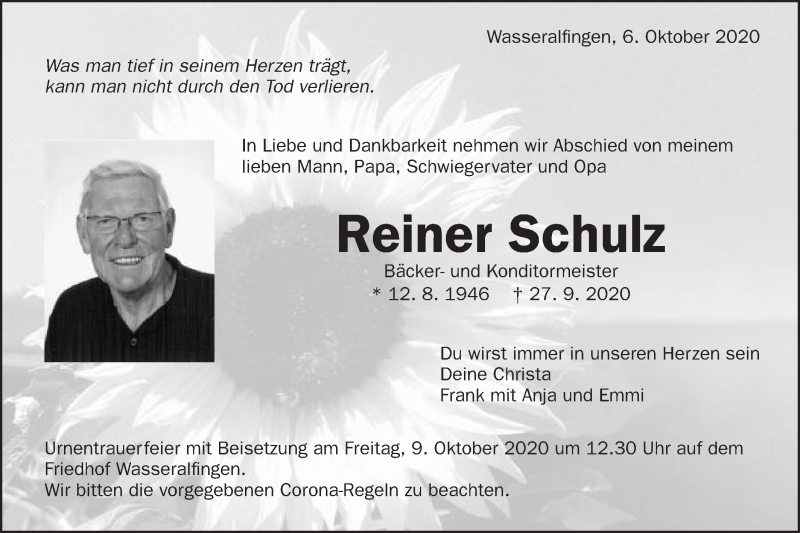  Traueranzeige für Reiner Schulz vom 06.10.2020 aus Schwäbische Post