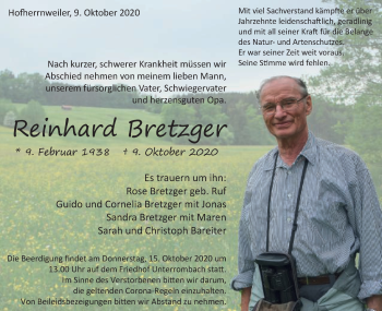 Traueranzeige von Reinhard Bretzger von Schwäbische Post