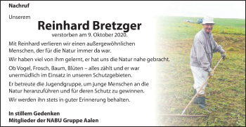 Traueranzeige von Reinhard Bretzger von Schwäbische Post