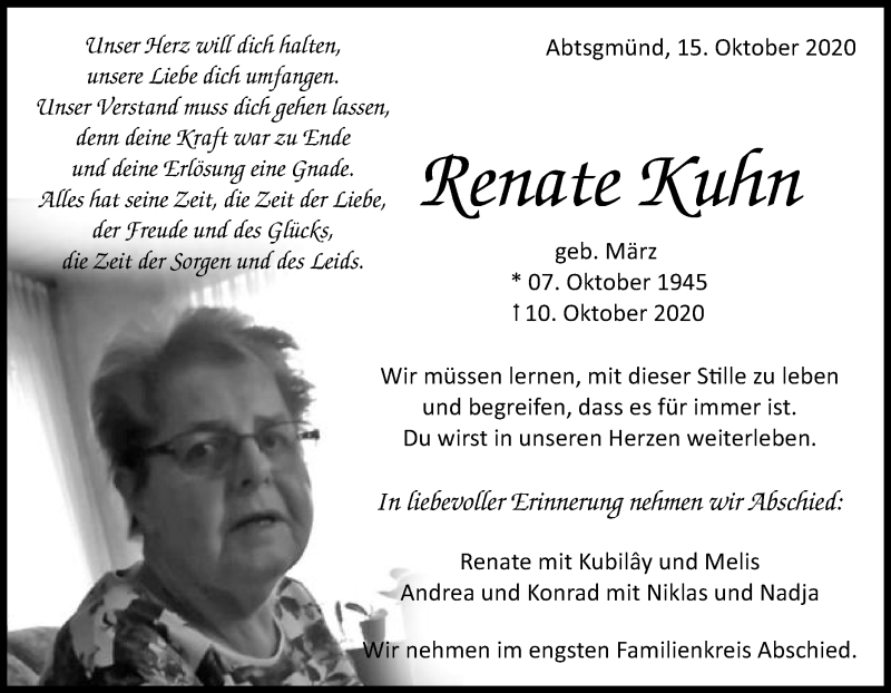  Traueranzeige für Renate Kuhn vom 15.10.2020 aus Schwäbische Post