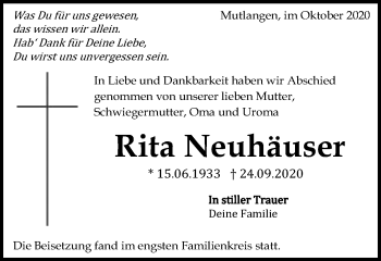 Traueranzeige von Rita Neuhäuser von Gmünder Tagespost