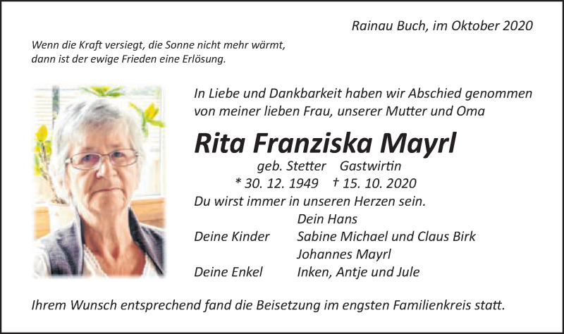  Traueranzeige für Rita Franziska Mayrl vom 29.10.2020 aus Schwäbische Post