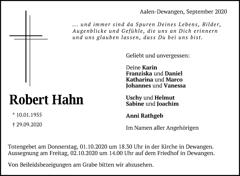  Traueranzeige für Robert Hahn vom 01.10.2020 aus Schwäbische Post