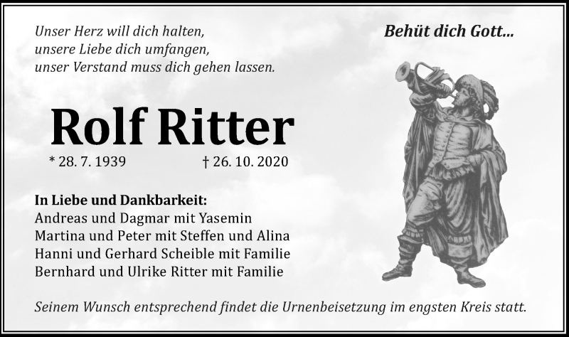  Traueranzeige für Rolf Ritter vom 31.10.2020 aus Schwäbische Post