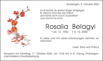 Traueranzeige von Rosalia Belagyi von Gmünder Tagespost