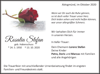 Traueranzeige von Rosalia Stefan von Schwäbische Post