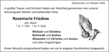 Traueranzeige von Rosemarie Friedow von Schwäbische Post