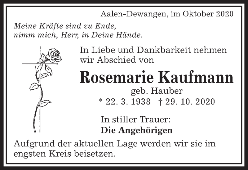  Traueranzeige für Rosemarie Kaufmann vom 31.10.2020 aus Schwäbische Post