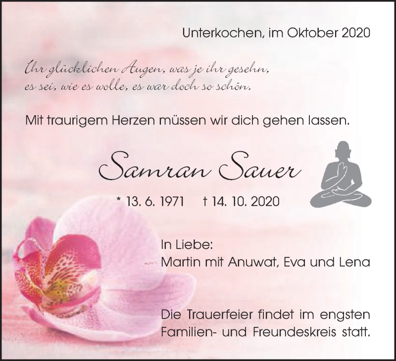  Traueranzeige für Samran Sauer vom 22.10.2020 aus Schwäbische Post