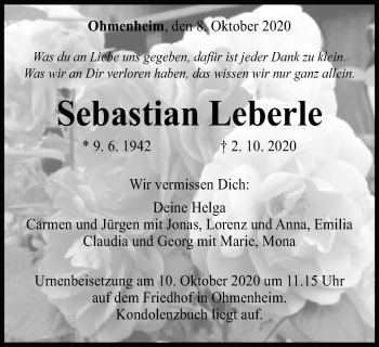 Traueranzeige von Sebastian Leberle von Schwäbische Post