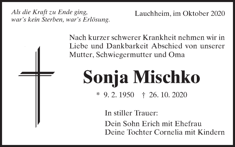  Traueranzeige für Sonja Mischko vom 30.10.2020 aus Schwäbische Post