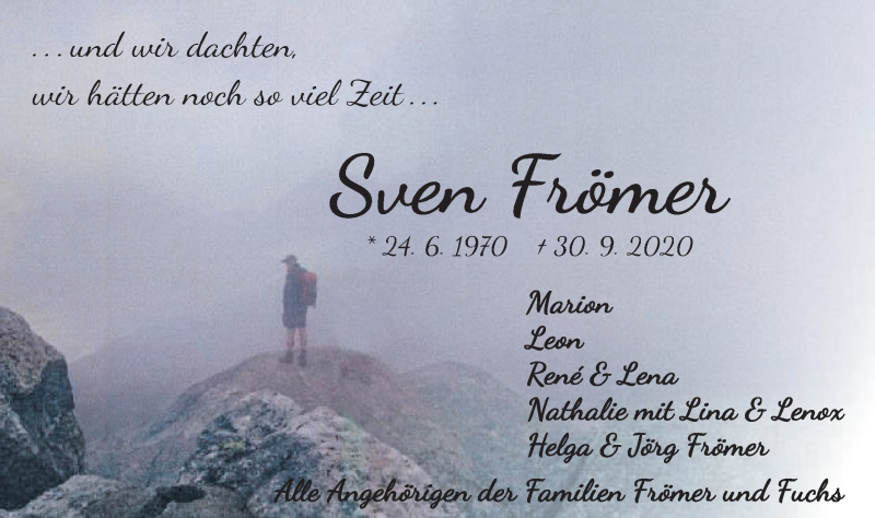  Traueranzeige für Sven Frömer vom 13.10.2020 aus Schwäbische Post