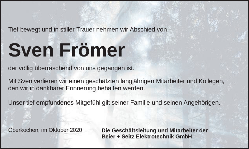  Traueranzeige für Sven Frömer vom 15.10.2020 aus Schwäbische Post
