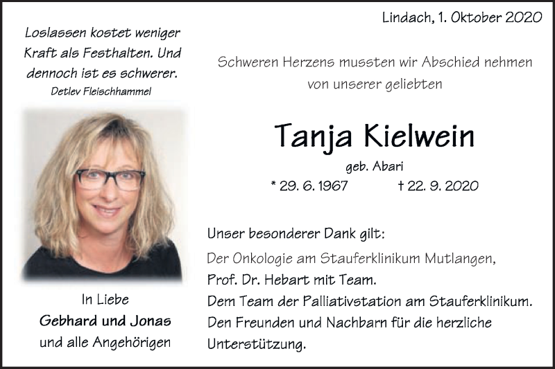  Traueranzeige für Tanja Kielwein vom 01.10.2020 aus Gmünder Tagespost