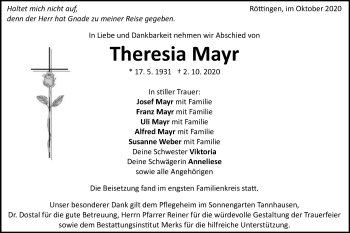 Traueranzeige von Theresia Mayr von Schwäbische Post