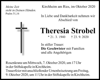 Traueranzeige von Theresia Strobel von Schwäbische Post