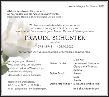 Traueranzeige von Traudl Schuster von Schwäbische Post