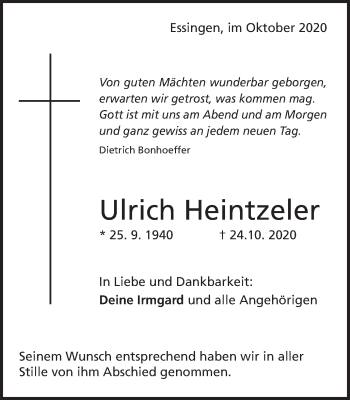 Traueranzeige von Ulrich Heintzeler von Schwäbische Post
