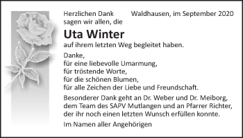 Traueranzeige von Uta Winter von Schwäbische Post