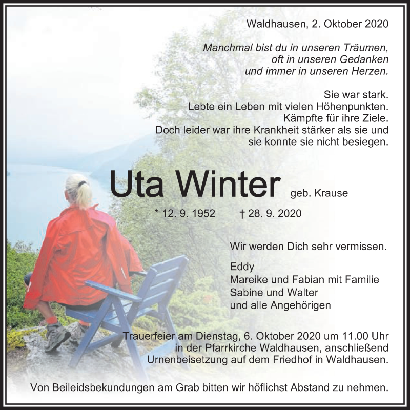  Traueranzeige für Uta Winter vom 02.10.2020 aus Schwäbische Post