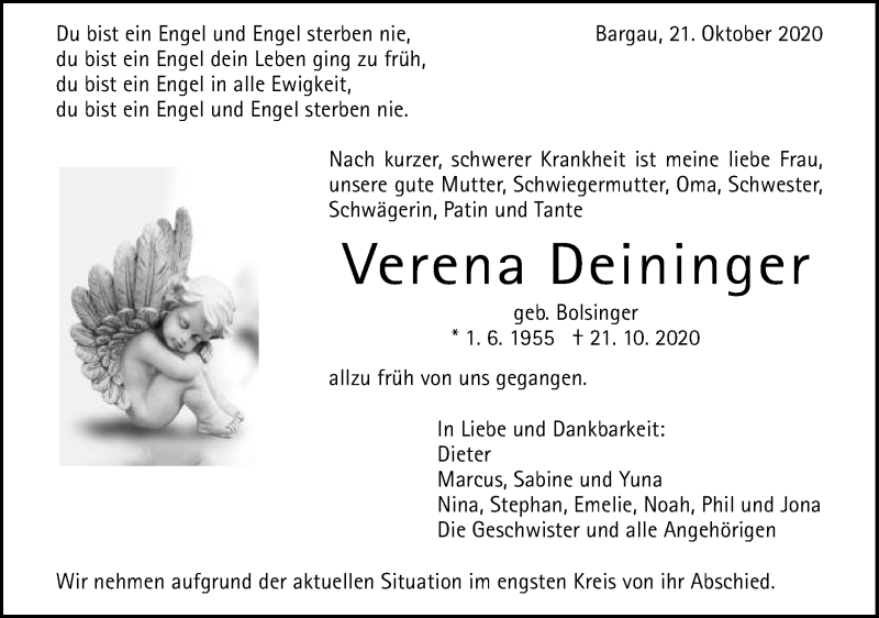  Traueranzeige für Verena Deininger vom 31.10.2020 aus Gmünder Tagespost