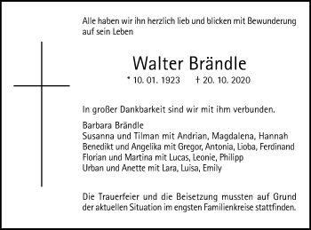 Traueranzeige von Walter Brändle von Gmünder Tagespost