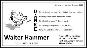 Traueranzeige von Walter Hammer von Kocher-Lein-Bote