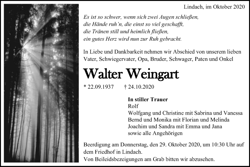  Traueranzeige für Walter Weingart vom 27.10.2020 aus Gmünder Tagespost
