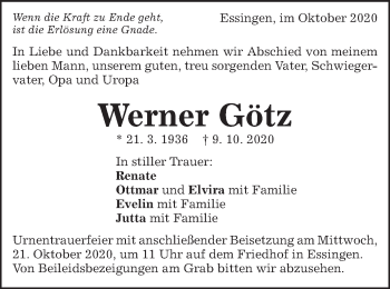 Traueranzeige von Werner Götz von Schwäbische Post