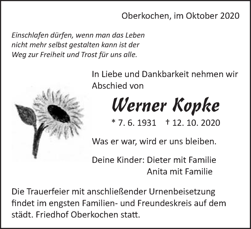  Traueranzeige für Werner Kopke vom 15.10.2020 aus Schwäbische Post