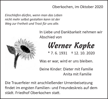 Traueranzeige von Werner Kopke von Amtsblatt_Oko