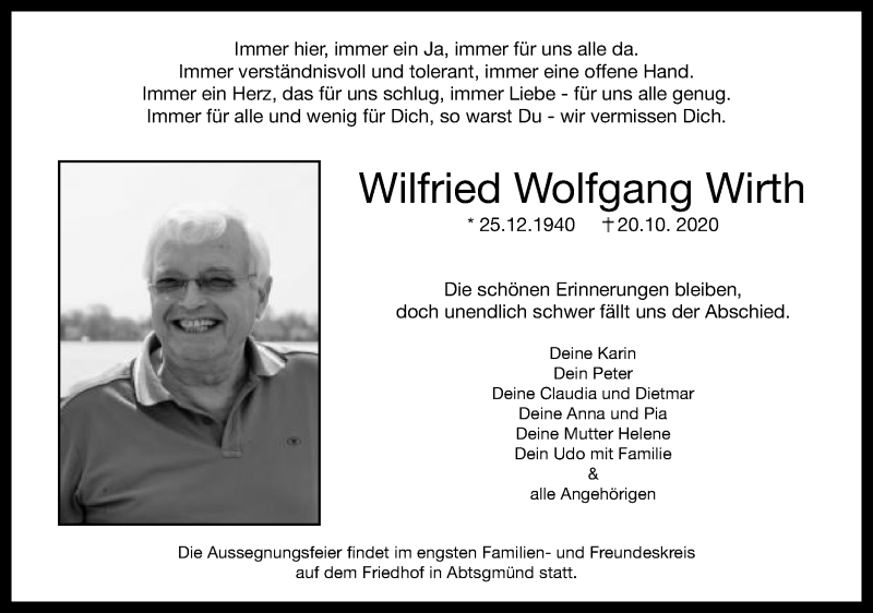  Traueranzeige für Wilfried Wolfgang Wirth vom 24.10.2020 aus Schwäbische Post