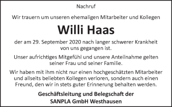 Traueranzeige von Willi Haas von Schwäbische Post