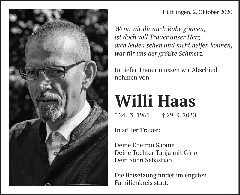  Traueranzeige für Willi Haas vom 02.10.2020 aus Schwäbische Post
