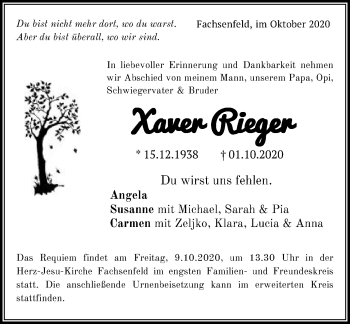 Traueranzeige von Xaver Rieger von Schwäbische Post