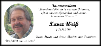 Traueranzeige von Xaver Weiß von Schwäbische Post