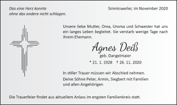 Traueranzeige von Agnes Deiß von Schwäbische Post