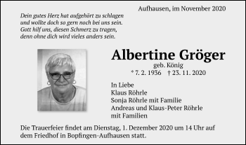Traueranzeige von Albertine Gröger von Schwäbische Post