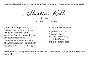 Traueranzeige von Albertine Kolb von Schwäbische Post