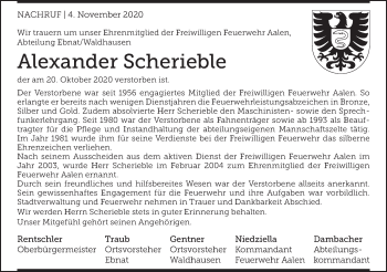 Traueranzeige von Alexander Scherieble von Schwäbische Post