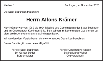 Traueranzeige von Alfons Krämer von Bopfinger Stadtanzeiger