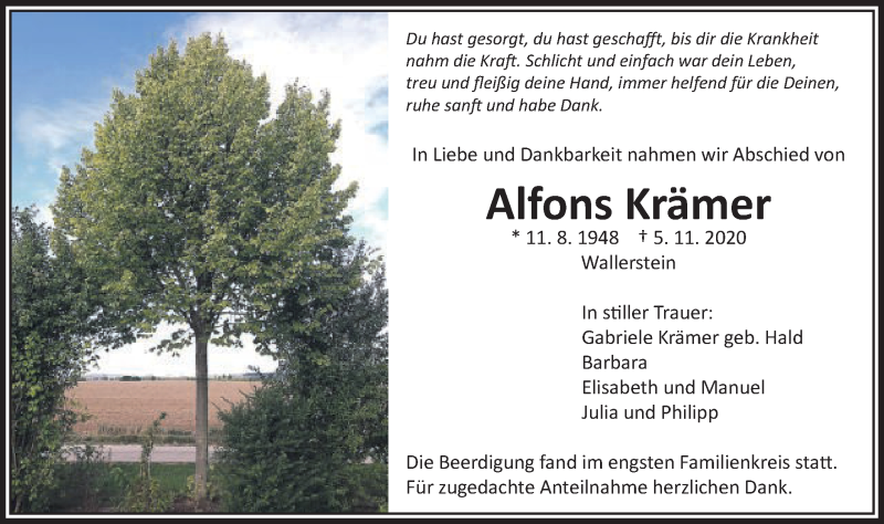  Traueranzeige für Alfons Krämer vom 12.11.2020 aus Schwäbische Post